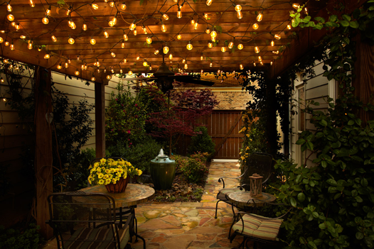 Home exterior, patio with lights
