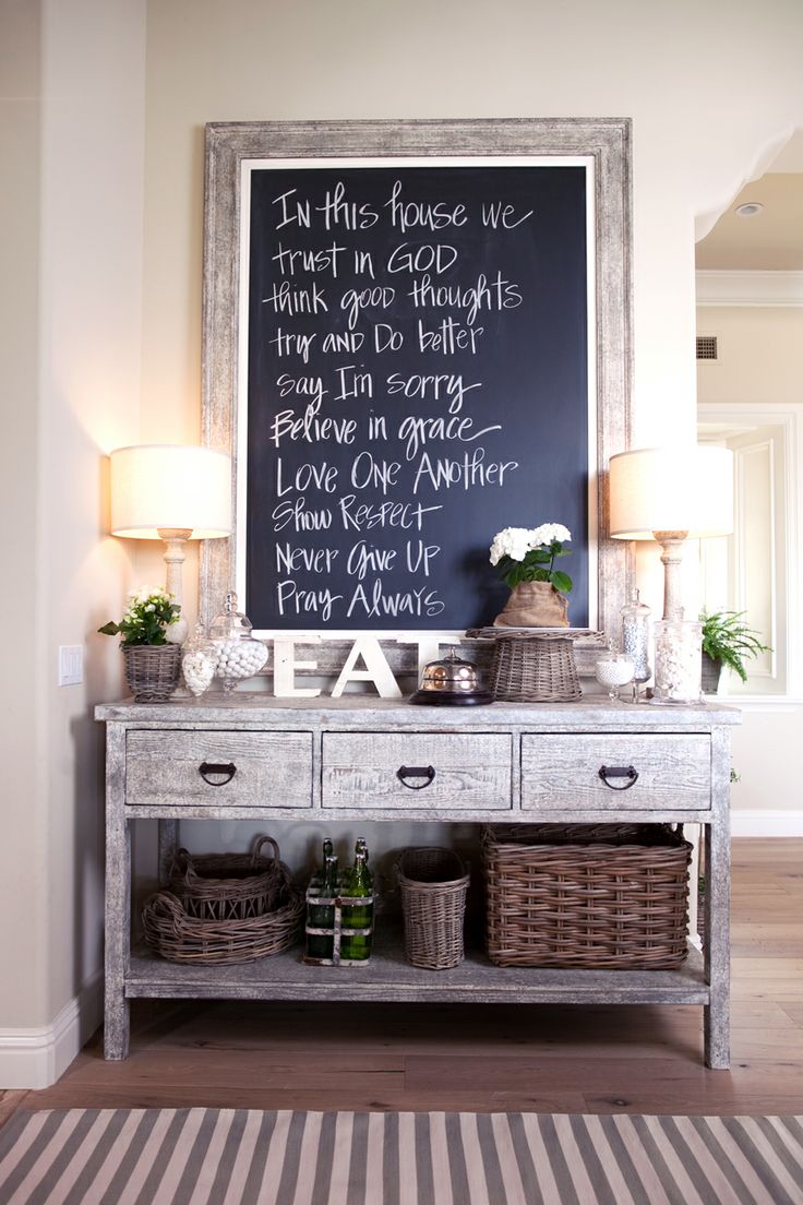 Home interior, table and chalkboard