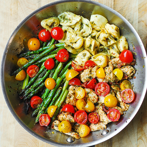 chicken and pasta and asparagus